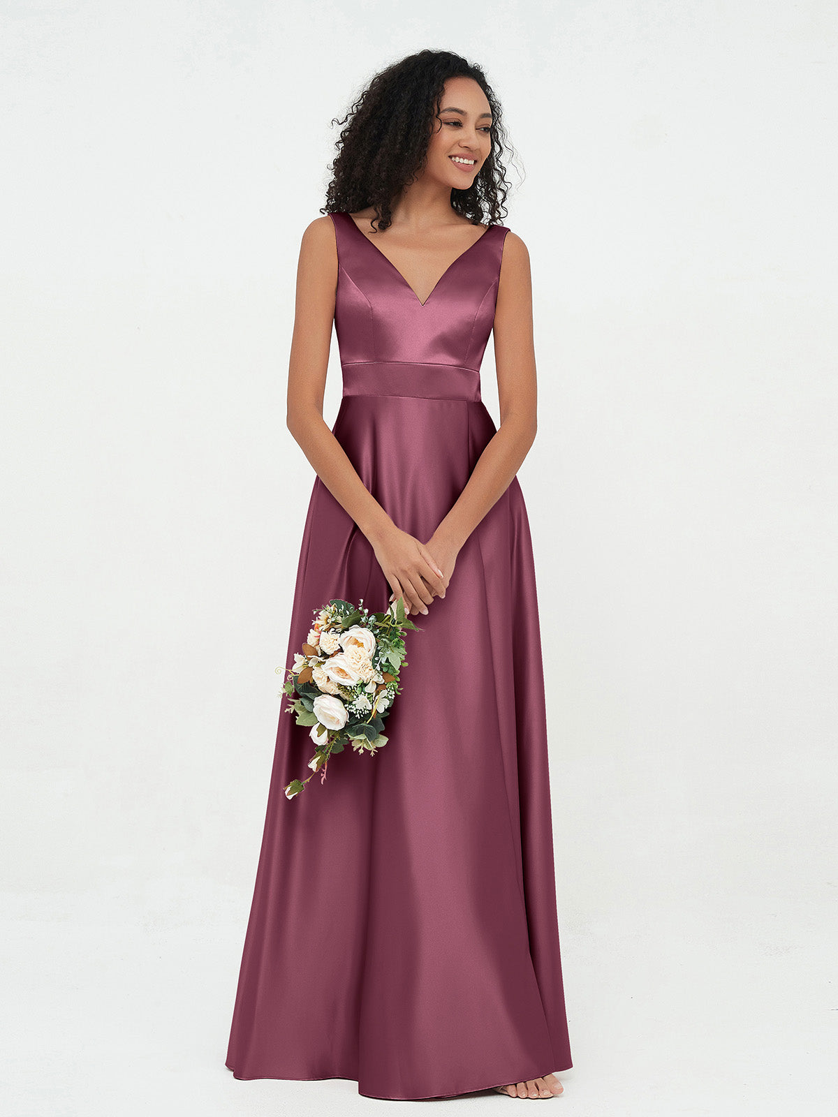 Princess V-neck Maxi Satin Dresses with Pockets Olive Green