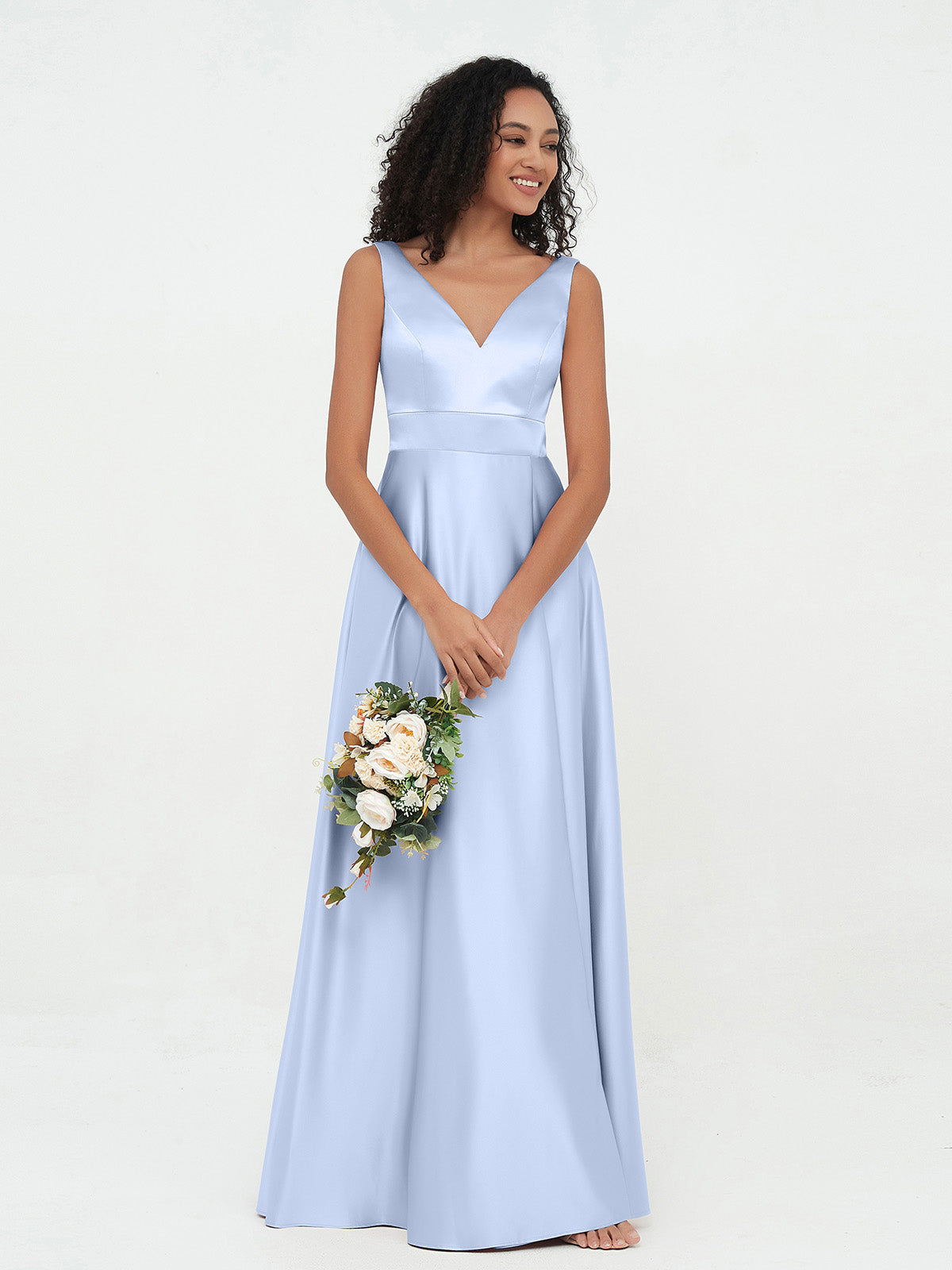 Princess V-neck Satin Dresses with Pockets Candy Pink Plus Size