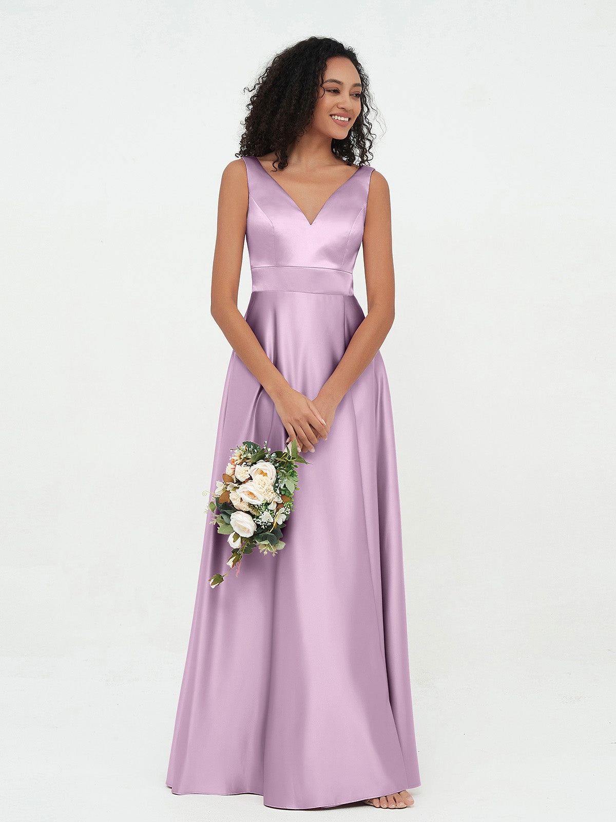 Princess V-neck Satin Dresses with Pockets Grape