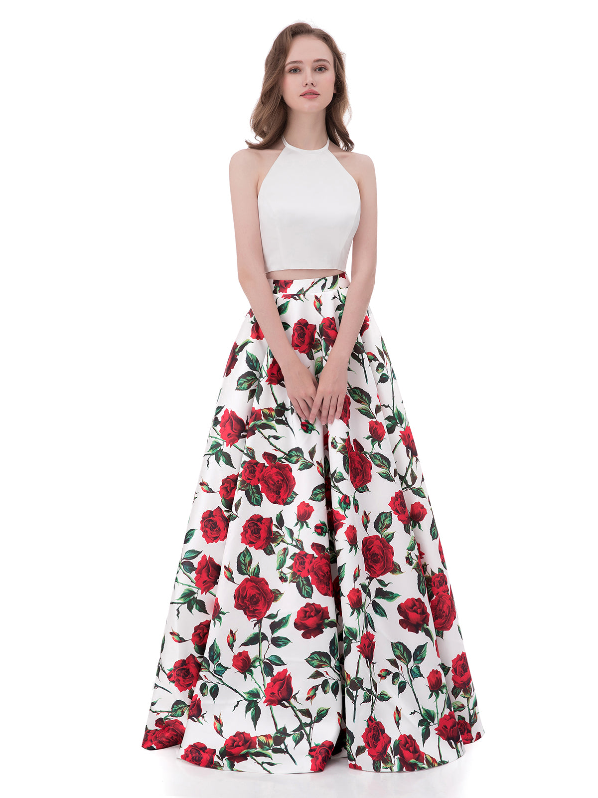 BABARONI Satin Floral Bridesmaid Dresses Halter Floor-length Sleeveless  Floral A-line