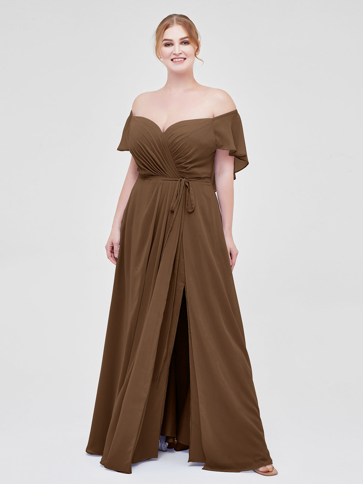 BABARONI Cap Sleeves Chiffon Bridesmaid Dresses with Slit Brown Plus Size, Brown / US18