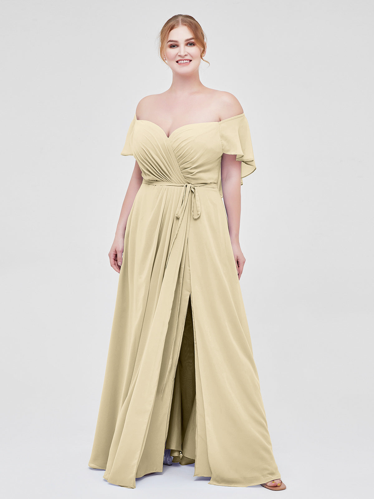 BABARONI Chiffon Champagne Bridesmaid Dresses Off-the-shoulder Floor-length  Short Ruched with Slit A-line