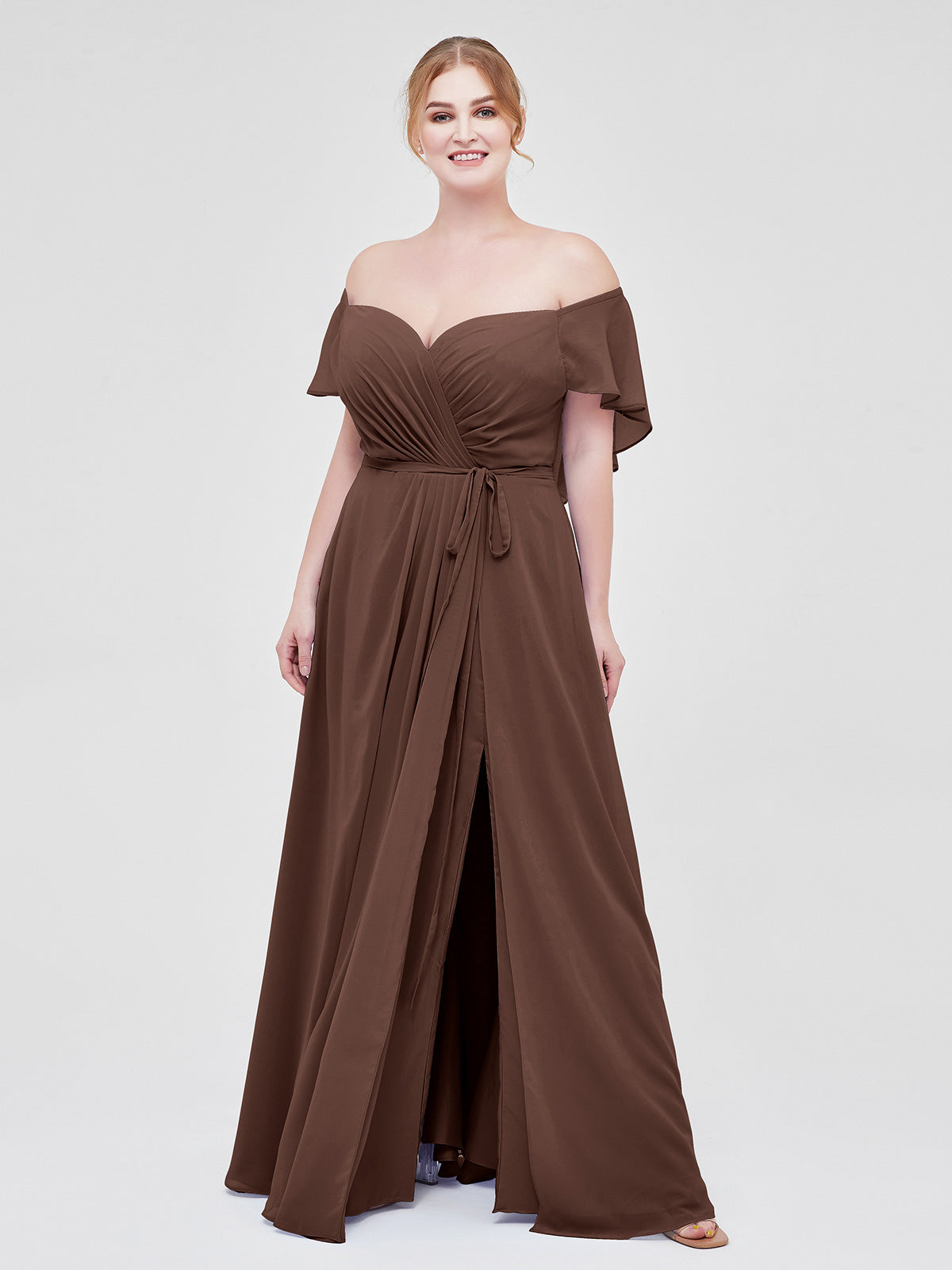 BABARONI Cap Sleeves Chiffon Bridesmaid Dresses with Slit Chocolate Plus Size, Chocolate / US18 BABARONI Cap Sleeves Chiffon Bridesmaid Dresses with Slit Chocolate Plus Size, Chocolate / US18