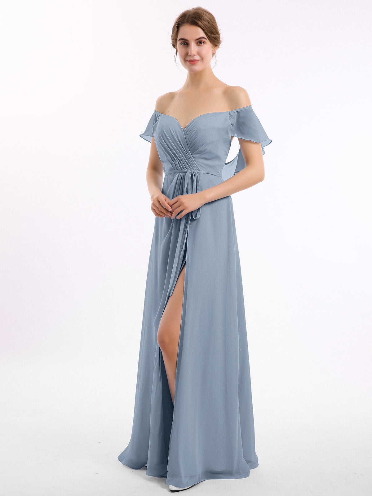 BABARONI Chiffon Dusty Blue Bridesmaid Dresses Off-the-shoulder Floor-length Short Ruched with Slit A-line, Dusty Blue / US0