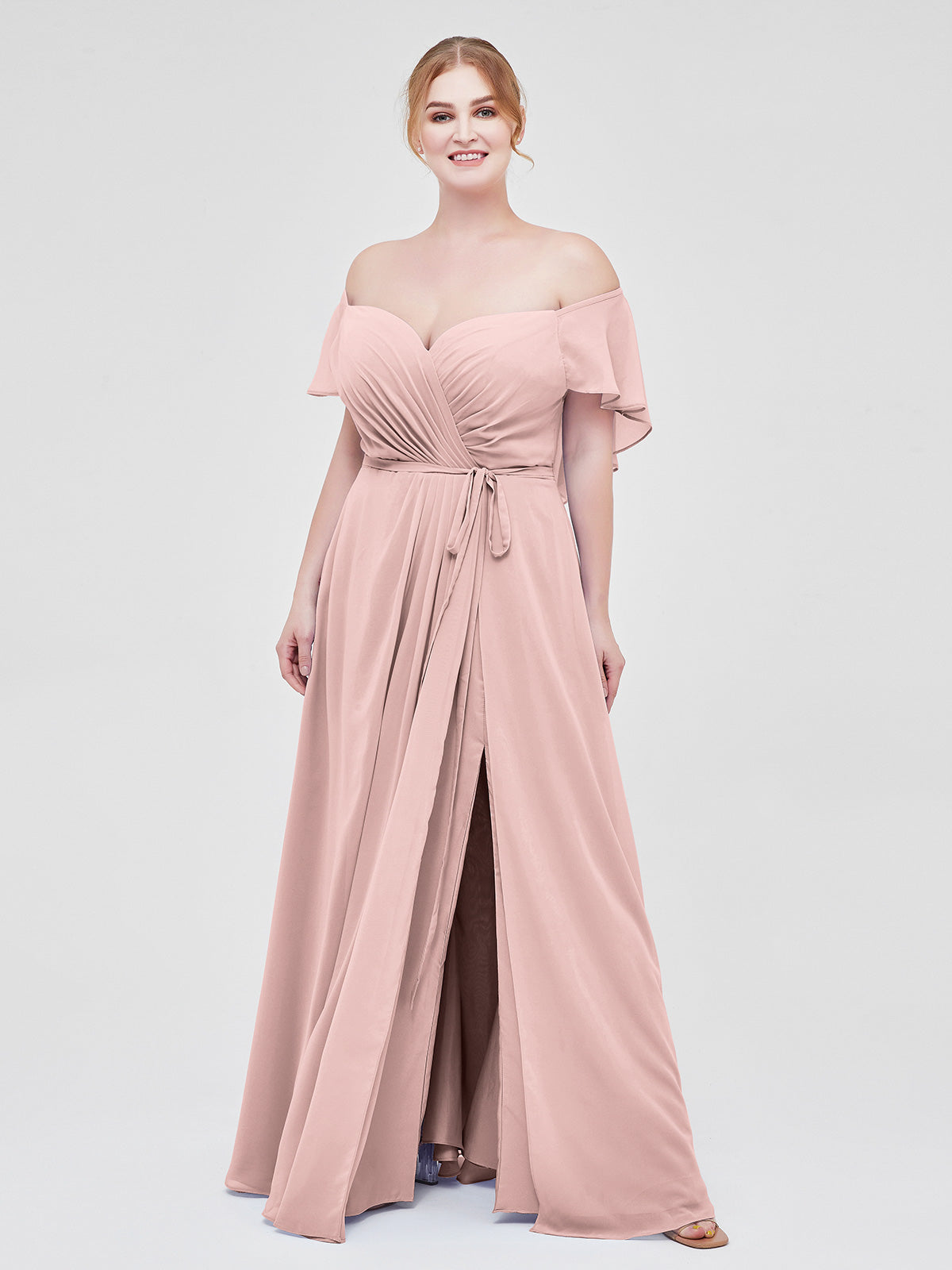 BABARONI Cap Sleeves Chiffon Bridesmaid Dresses with Slit Dusty Rose Plus size, Dusty Rose / US18