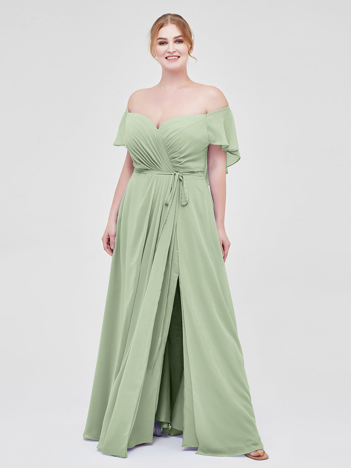 BABARONI Cap Sleeves Chiffon Bridesmaid Dresses with Slit Dusty Sage Plus size, Dusty Sage / US18 BABARONI Cap Sleeves Chiffon Bridesmaid Dresses with Slit Dusty Sage Plus size, Dusty Sage / US18