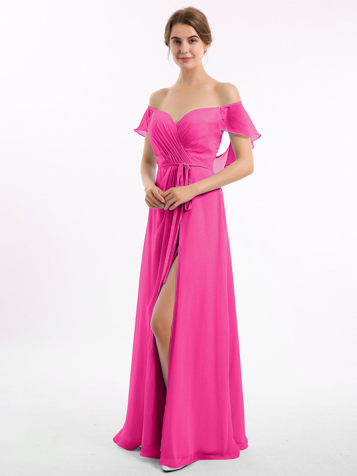 BABARONI Cap Sleeves Chiffon Bridesmaid Dresses with Slit Fuchsia, Fuchsia / US0