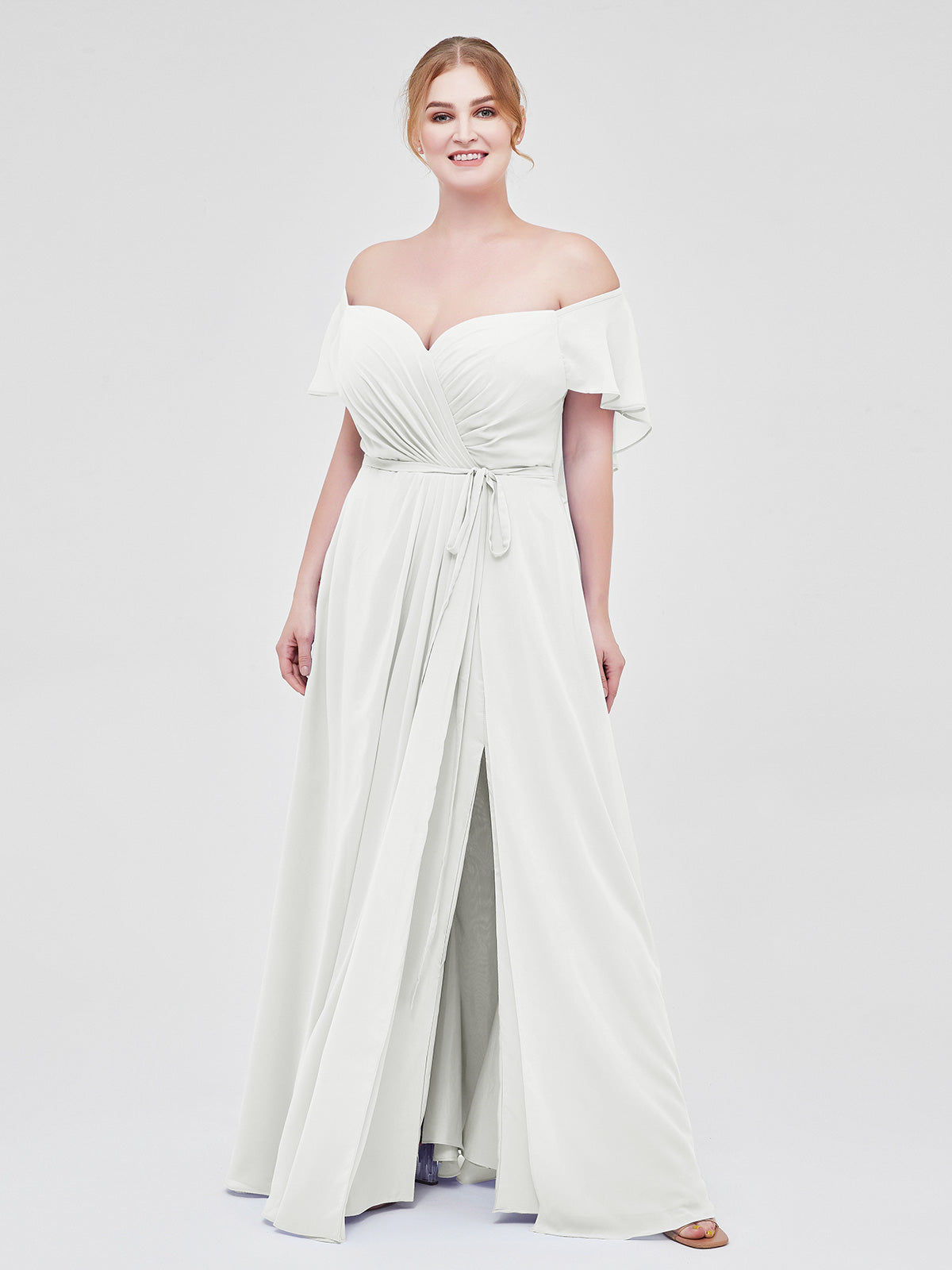 BABARONI Cap Sleeves Chiffon Bridesmaid Dresses with Slit Ivory Plus Size, Ivory / US18