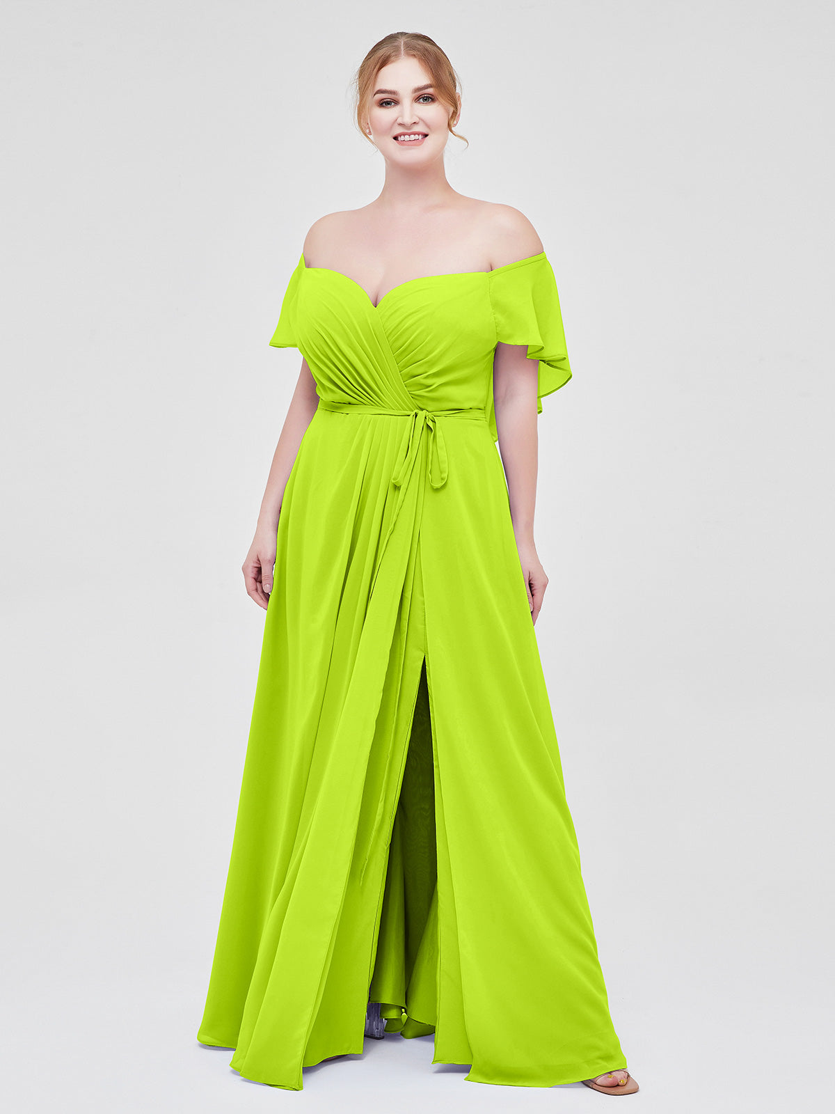 BABARONI Cap Sleeves Chiffon Bridesmaid Dresses with Slit Lime Green Plus Size, Lime Green / US18 BABARONI Cap Sleeves Chiffon Bridesmaid Dresses with Slit Lime Green Plus Size, Lime Green / US18