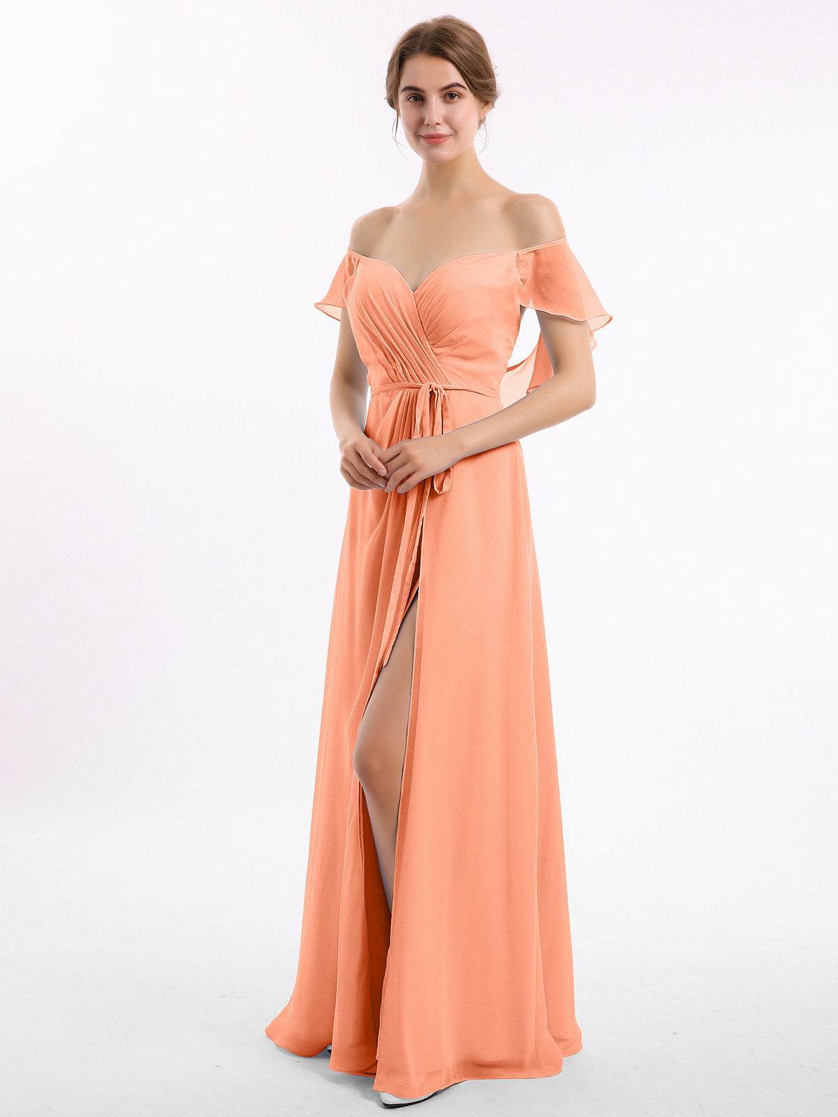 Lace And Chiffon Long Dress with Slit Papaya main image 1