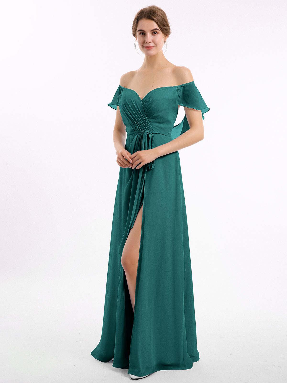V-neck Cap Sleeves Chiffon Bridesmaid Dresses Peacock