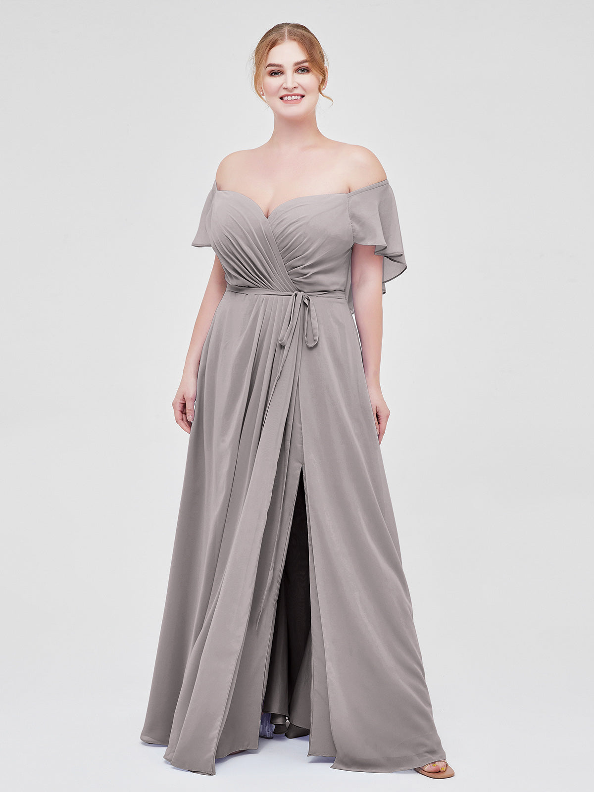 plus size gray bridesmaid dresses BABARONI Cap Sleeves Chiffon Bridesmaid Dresses with Slit Silver Plus Size, Silver / US18
