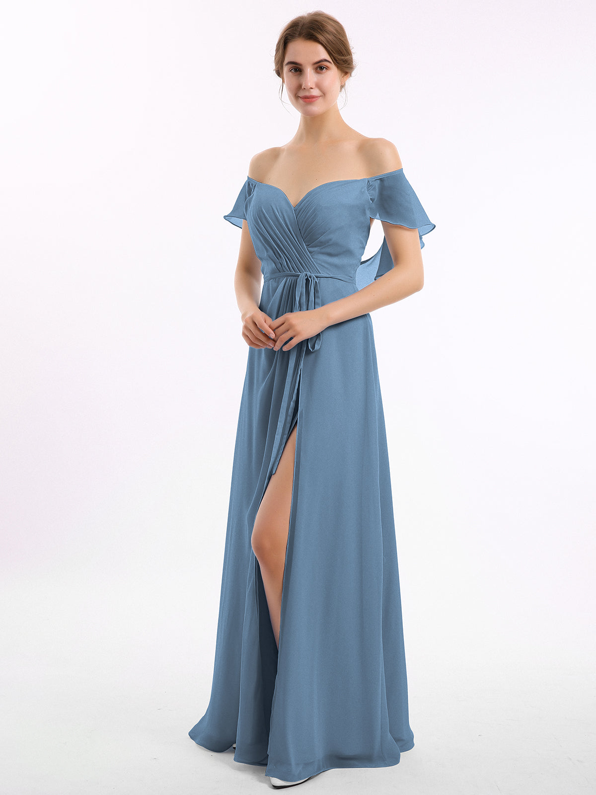 BABARONI Cap Sleeves Chiffon Bridesmaid Dresses with Slit Slate Blue, Slate Blue / US0 BABARONI Cap Sleeves Chiffon Bridesmaid Dresses with Slit Slate Blue, Slate Blue / US0