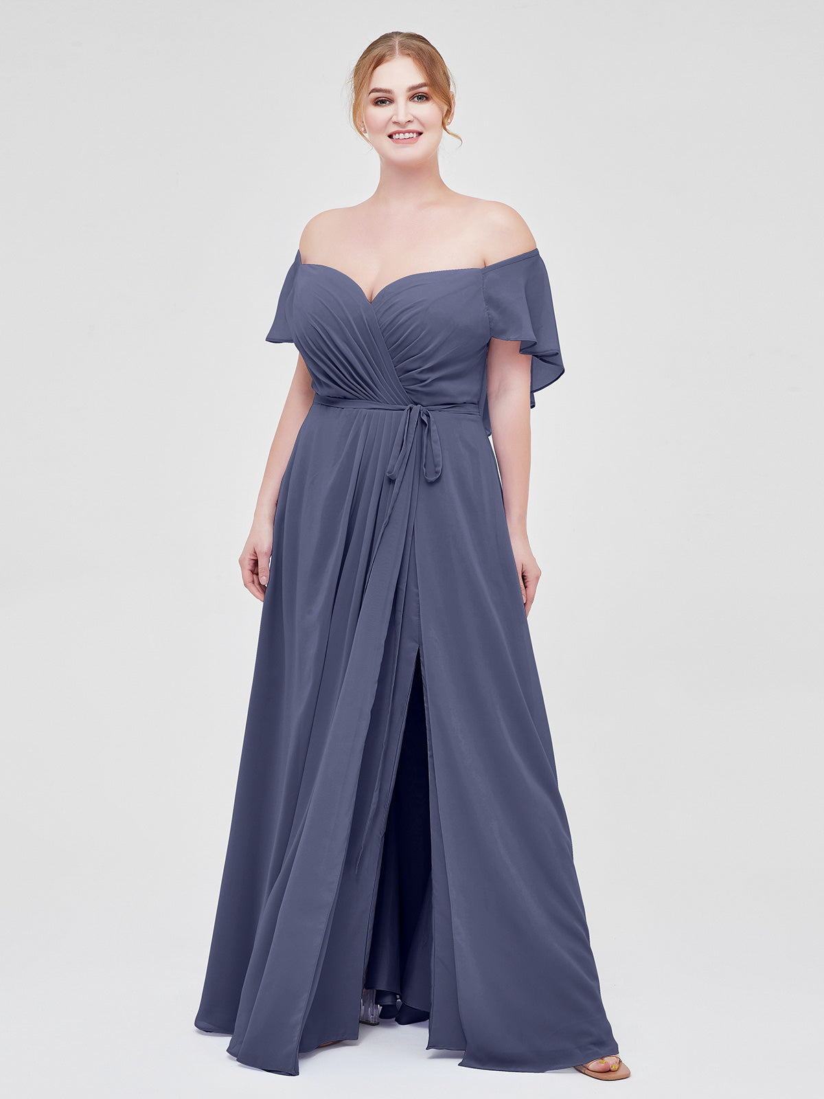 BABARONI Cap Sleeves Chiffon Bridesmaid Dresses with Slit Stormy Plus Size, Stormy / US18 BABARONI Cap Sleeves Chiffon Bridesmaid Dresses with Slit Stormy Plus Size, Stormy / US18