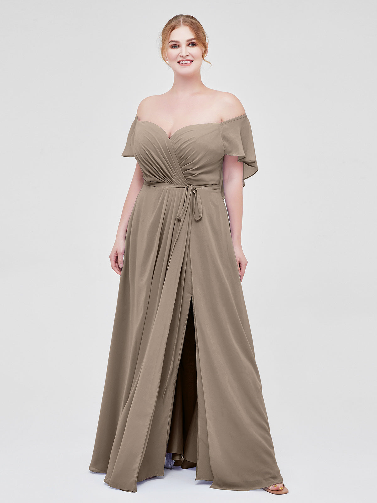 BABARONI Chiffon Taupe Bridesmaid Dresses Off-the-shoulder Floor-length Short Ruched with Slit A-line, Taupe / US18