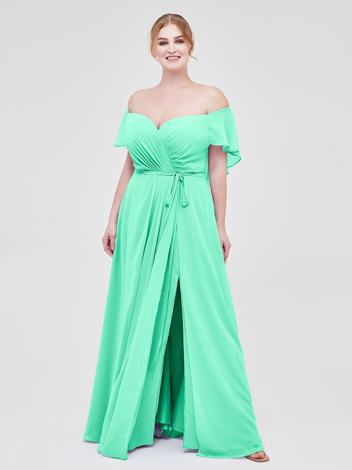 BABARONI Cap Sleeves Chiffon Bridesmaid Dresses with Slit Turquoise Plus Size, Turquoise / US18 BABARONI Cap Sleeves Chiffon Bridesmaid Dresses with Slit Turquoise Plus Size, Turquoise / US18