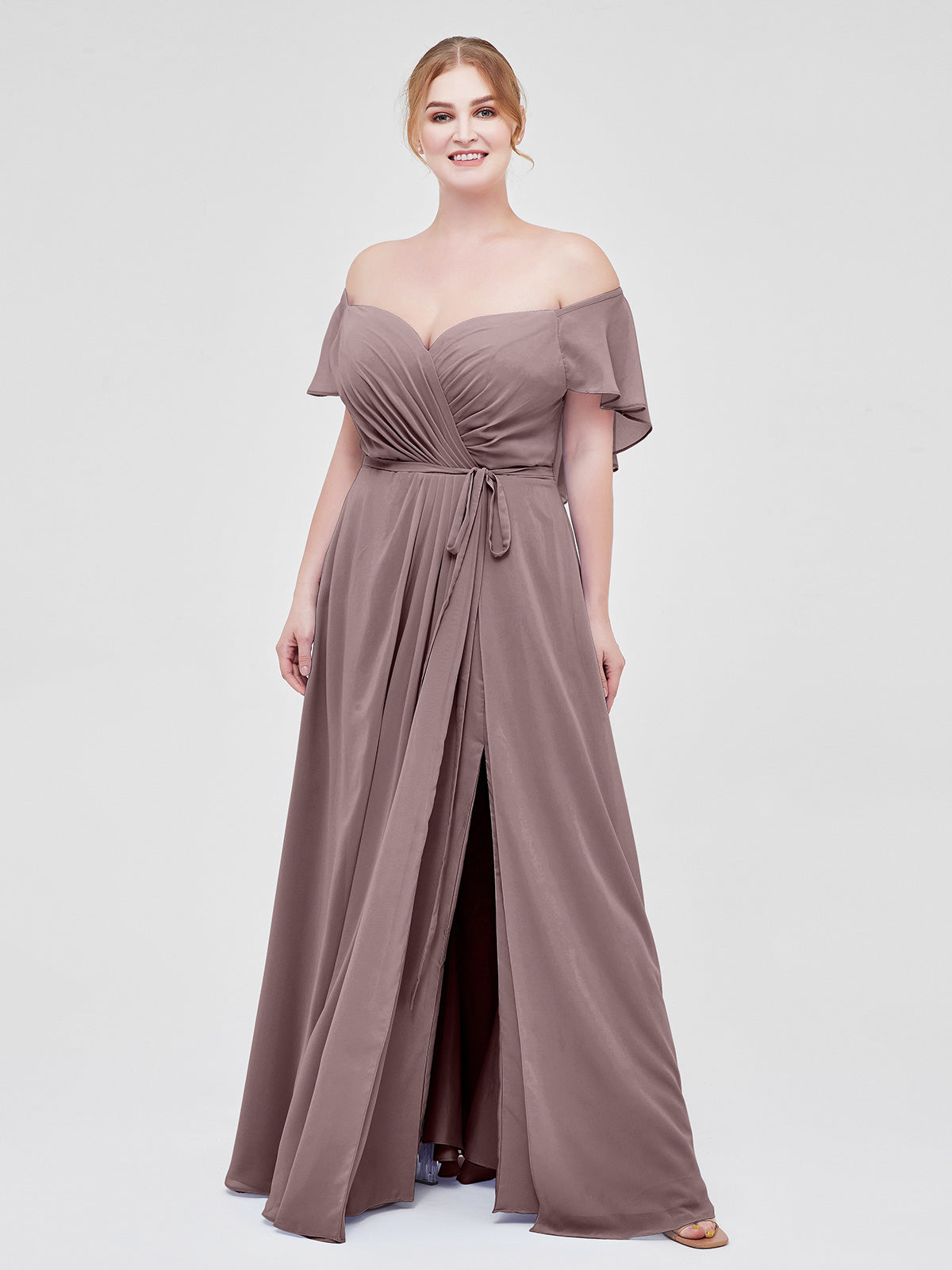 BABARONI Cap Sleeves Chiffon Bridesmaid Dresses with Slit Vintage Mauve Plus Size, Vintage Mauve / US18
