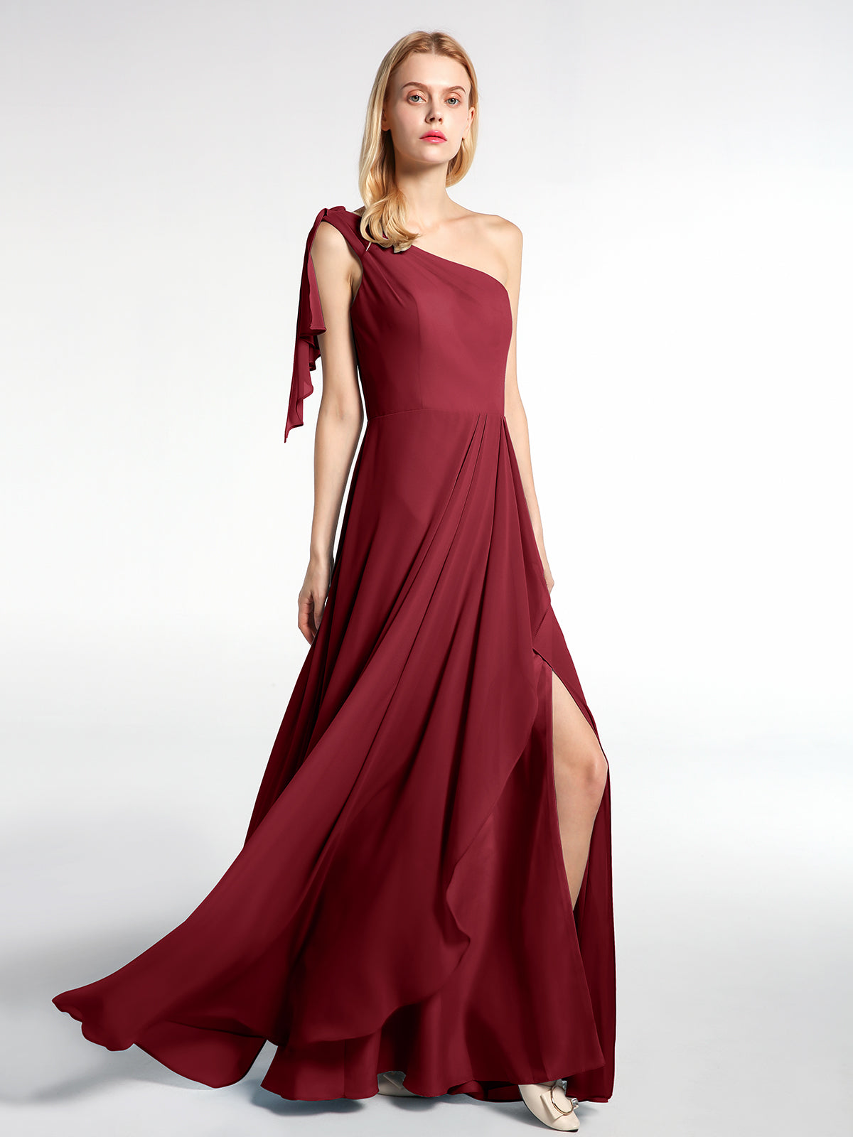 BABARONI One Shoulder Chiffon Maxi Dress with Cascade-Burgundy, Burgundy / US0