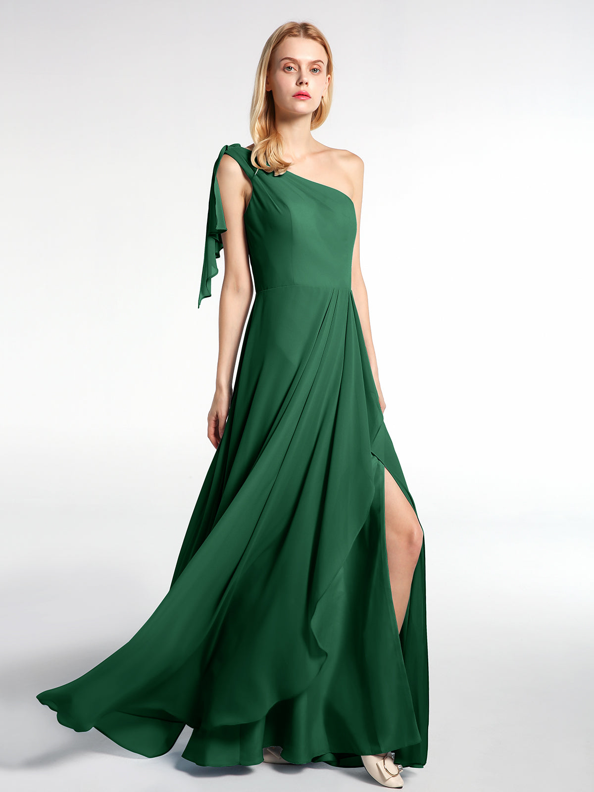 BABARONI One Shoulder Chiffon Maxi Dress with Cascade-Dark Green, Dark Green / US0 BABARONI One Shoulder Chiffon Maxi Dress with Cascade-Dark Green, Dark Green / US0