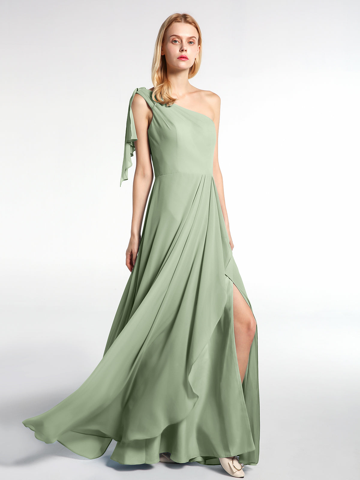 BABARONI One Shoulder Chiffon Maxi Dress with Cascade-Dusty Sage, Dusty Sage / US0 BABARONI One Shoulder Chiffon Maxi Dress with Cascade-Dusty Sage, Dusty Sage / US0