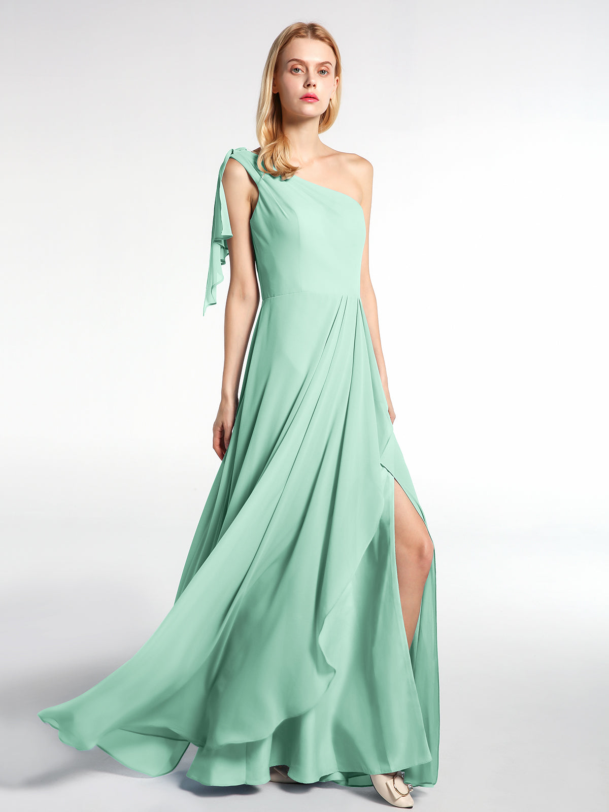 BABARONI One Shoulder Chiffon Maxi Dress with Cascade-Mint Green Plus Size, Mint Green / US18 BABARONI One Shoulder Chiffon Maxi Dress with Cascade-Mint Green Plus Size, Mint Green / US18