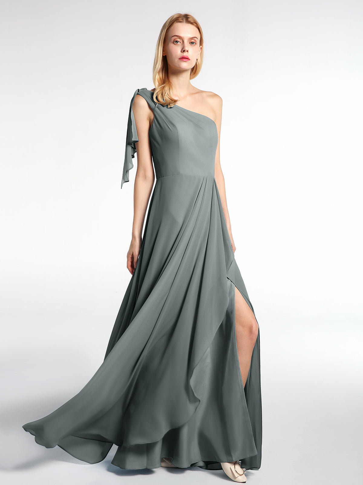 BABARONI One Shoulder Chiffon Maxi Dress with Cascade-Steel Grey, Steel Grey / US0 BABARONI One Shoulder Chiffon Maxi Dress with Cascade-Steel Grey, Steel Grey / US0