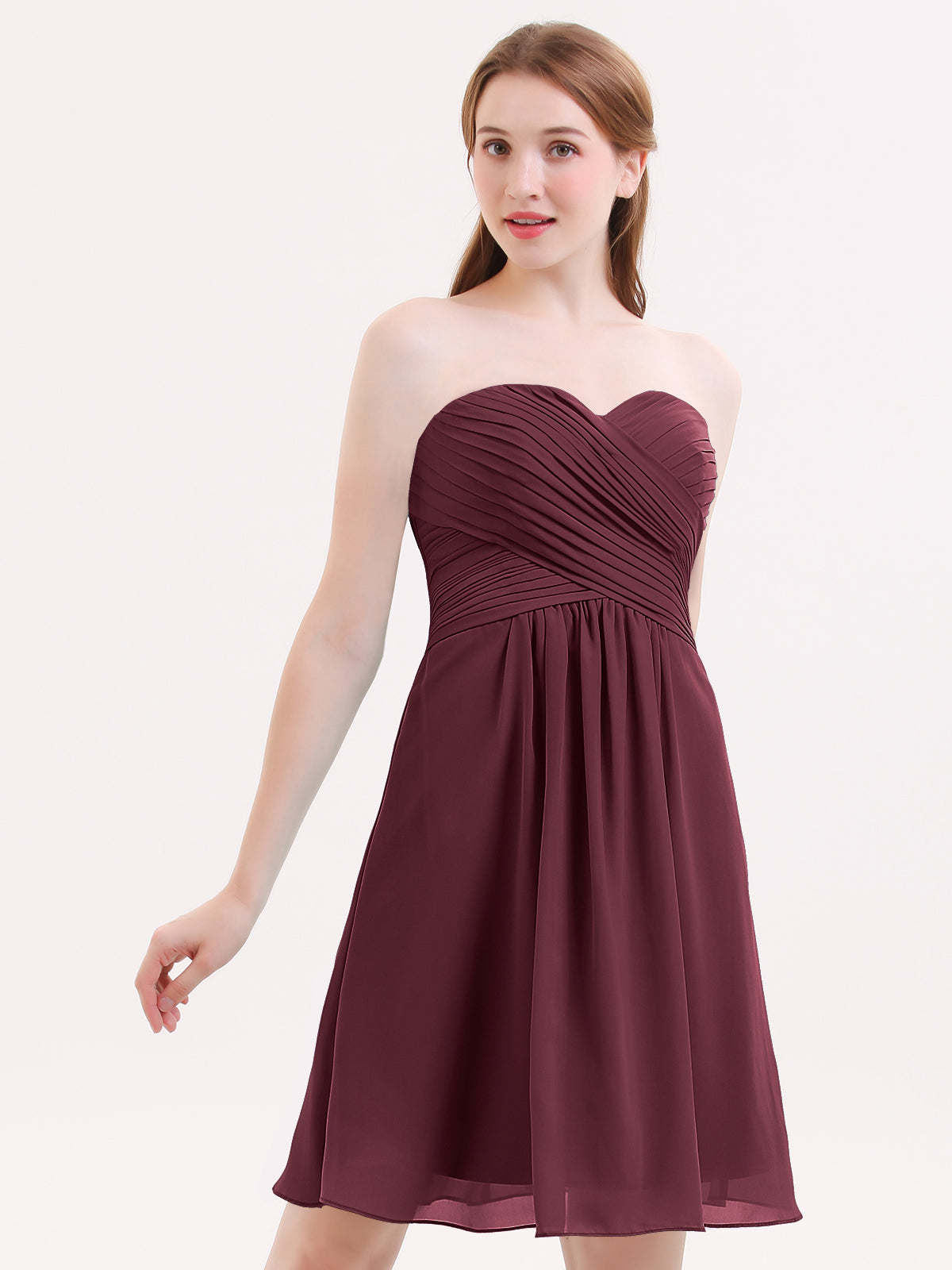 BABARONI Chiffon Cabernet Bridesmaid Dresses Sweetheart Knee-length  Sleeveless Ruched A-line