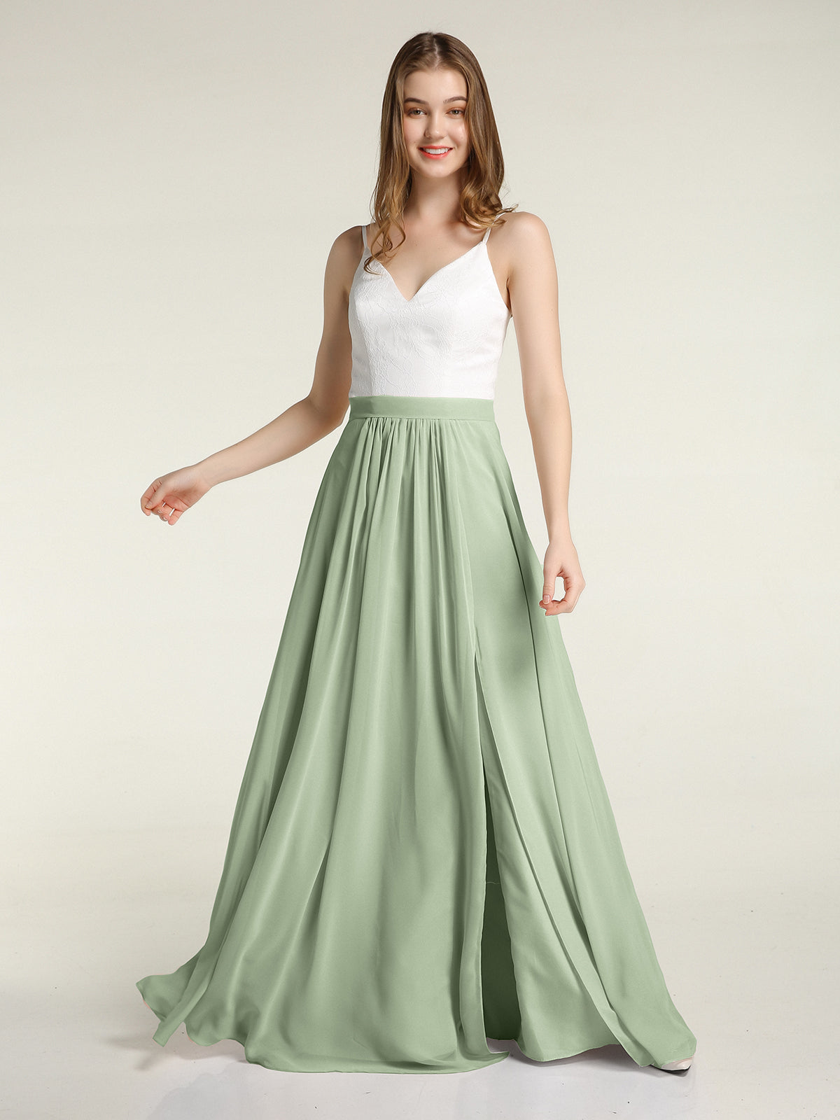 BABARONI Chiffon Dusty Sage Bridesmaid Dresses V-neck Floor-length  Spaghetti Straps Lace with Slit A-line