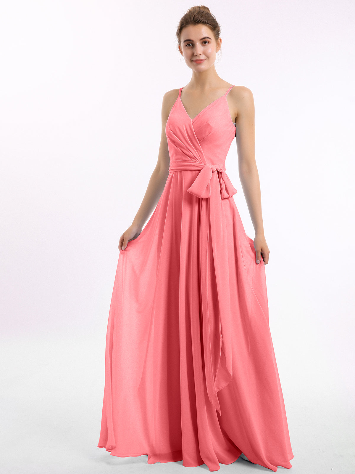 BABARONI Spaghetti Strap Chiffon Dresses with Sash Bow-Watermelon Plus size, Watermelon / US18