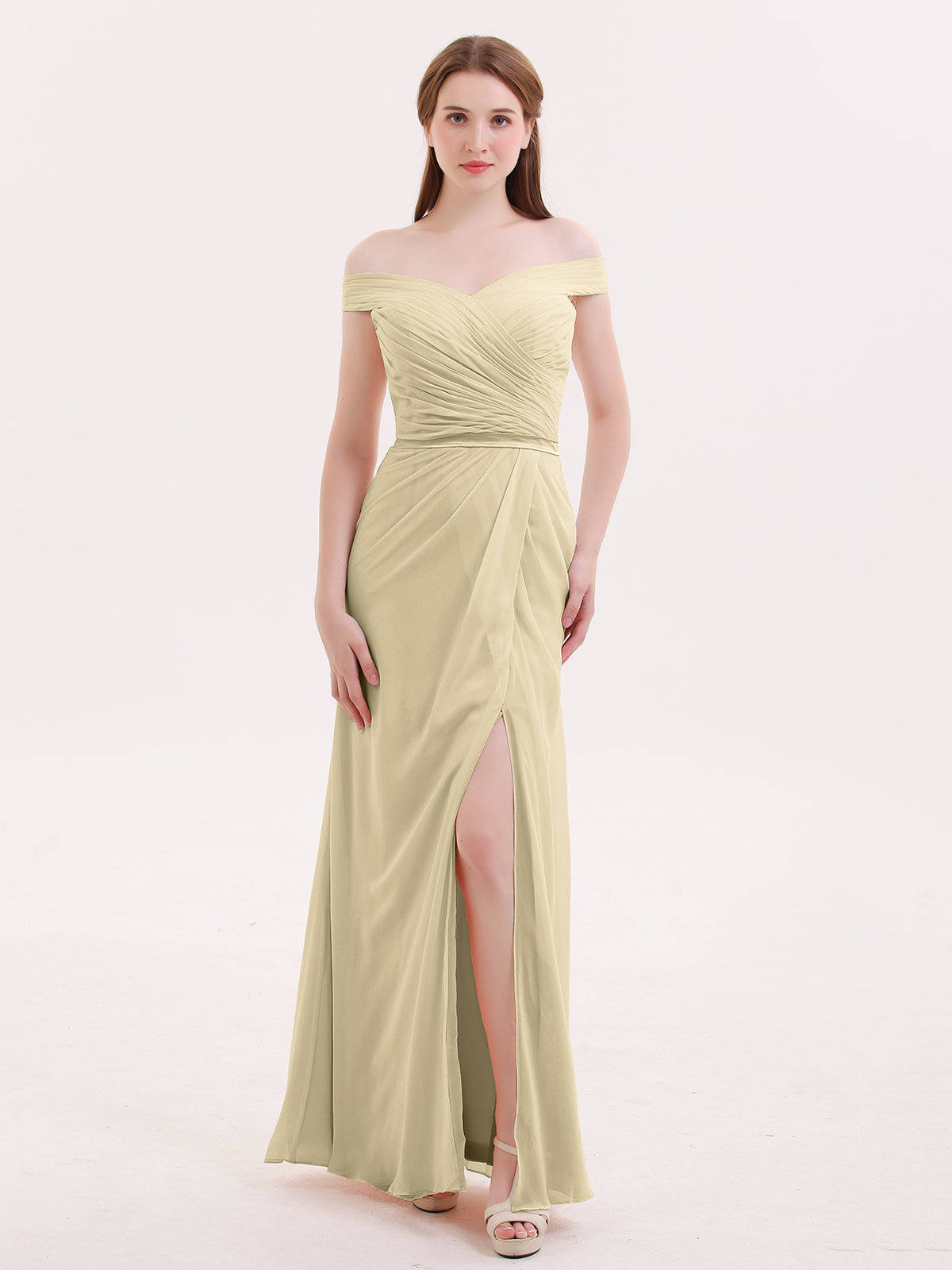 BABARONI Chiffon Off Shoulder Dresses with Slit-Champagne, Champagne / US0