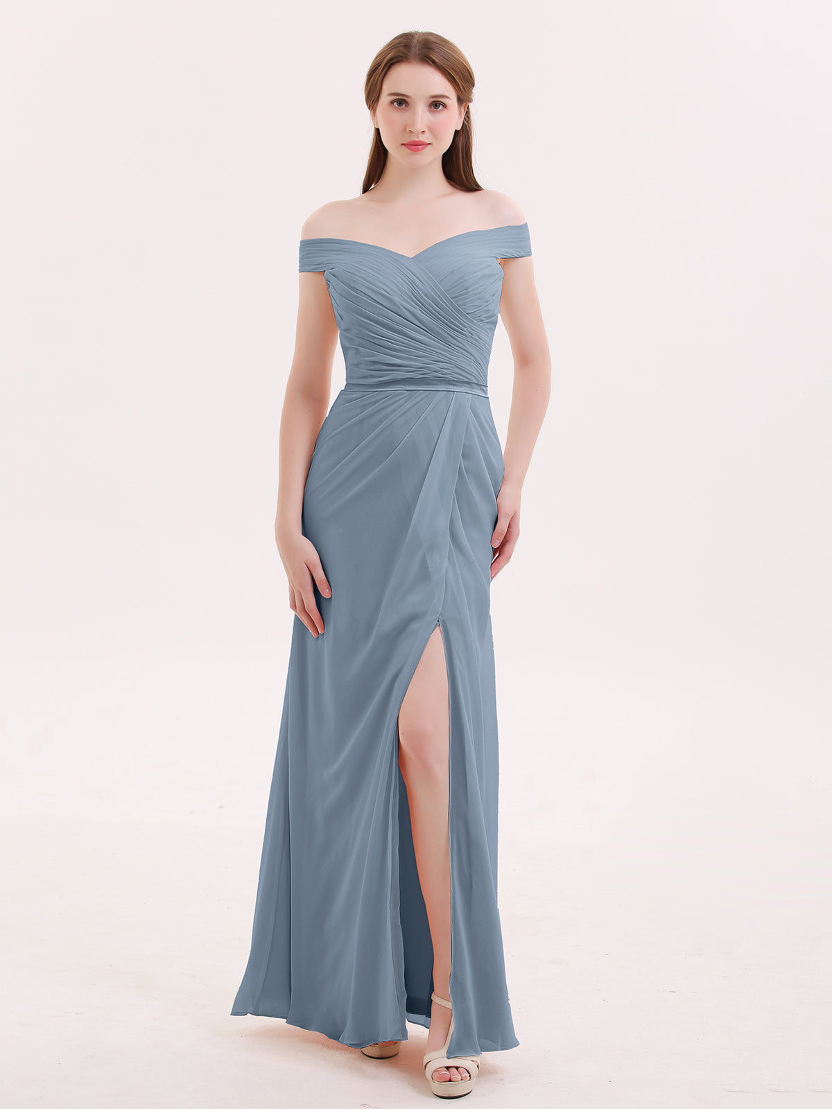 BABARONI Chiffon Dusty Blue Bridesmaid Dresses Off-the-shoulder Floor-length Sleeveless with Slit Mermaid, Dusty Blue / US18