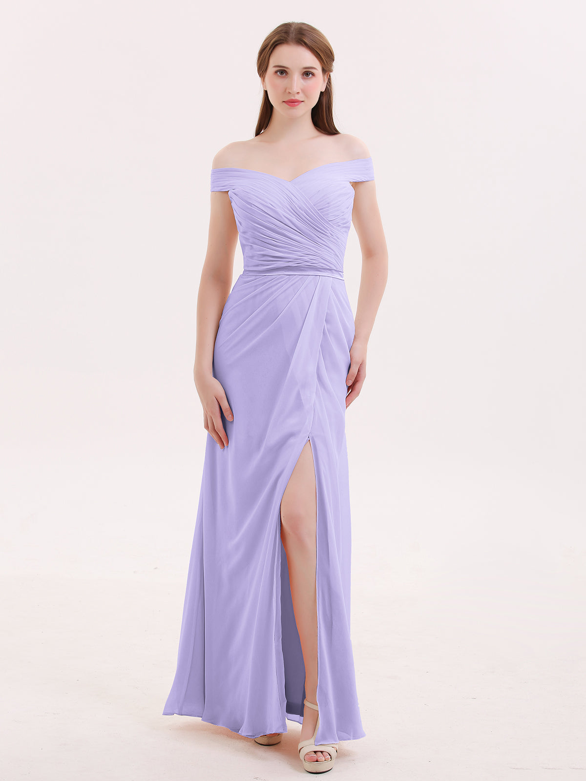 BABARONI Chiffon Lilac Bridesmaid Dresses Off-the-shoulder Floor-length Sleeveless with Slit Mermaid, Lilac / US0