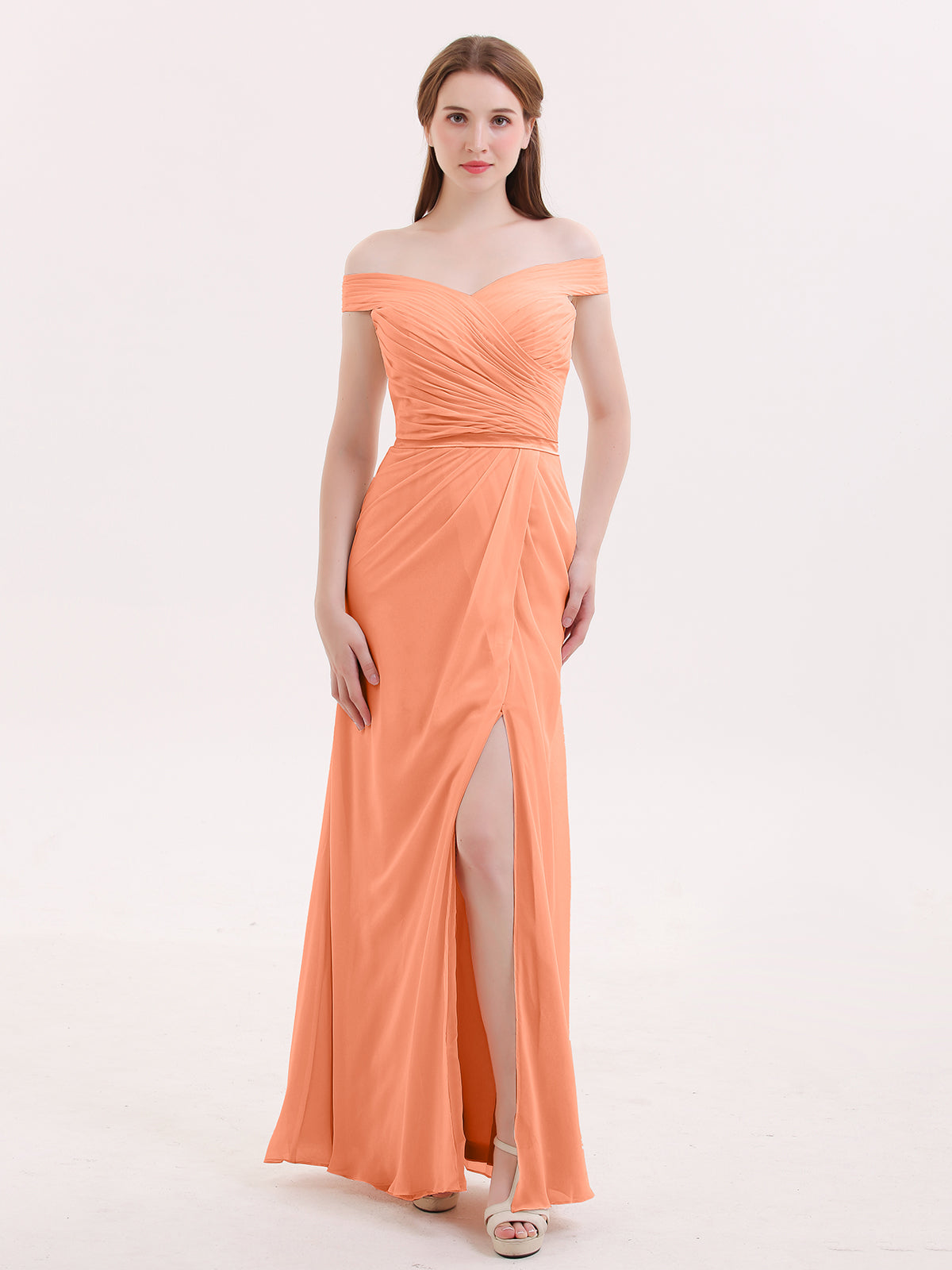 One Shoulder Chiffon Gown with Pleated Top Papaya