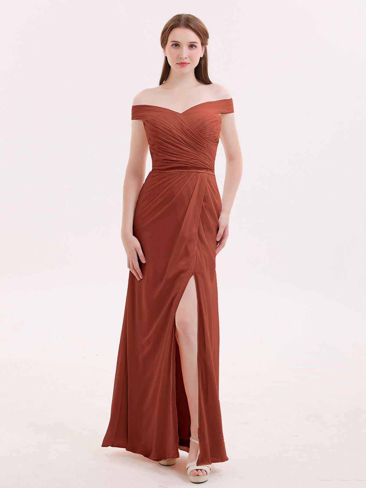 BABARONI Chiffon Off Shoulder Dresses with Slit-Rust Plus Size, Rust / US18