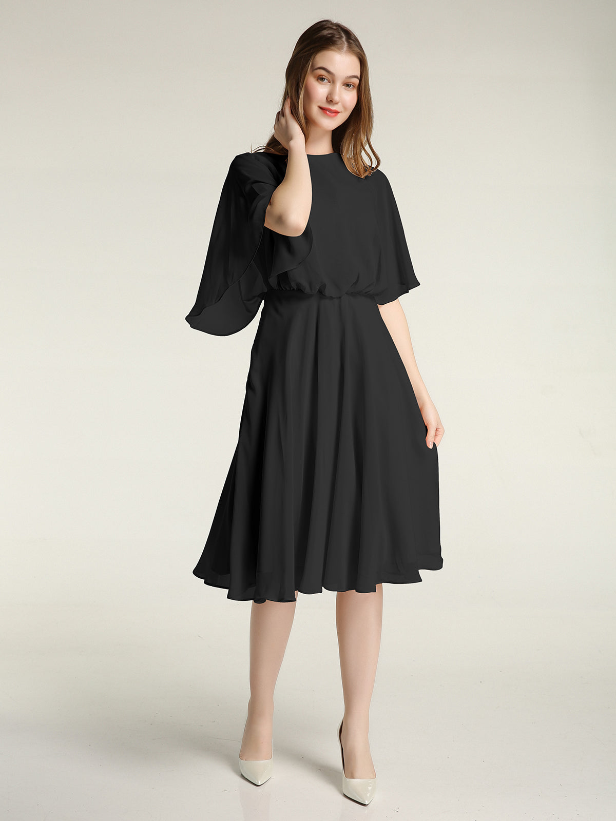 black midi skater dress BABARONI Scoop Neck Flutter Sleeves Short Chiffon Dresses-Black, Black / US0
