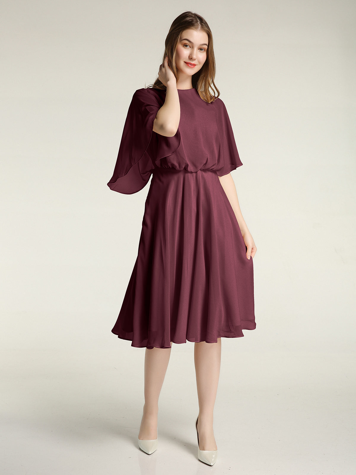 white christmas dresses Burgundy Off the Shoulder Pleated Homecoming Dress, Knee Length Gradua –  cherishgirls main image 1