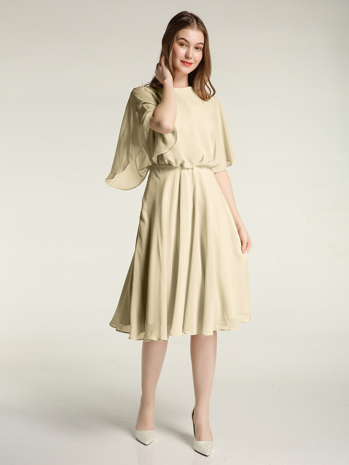 Scoop Flutter Sleeves Chiffon A-line Maxi Dresses with Slit Cabernet