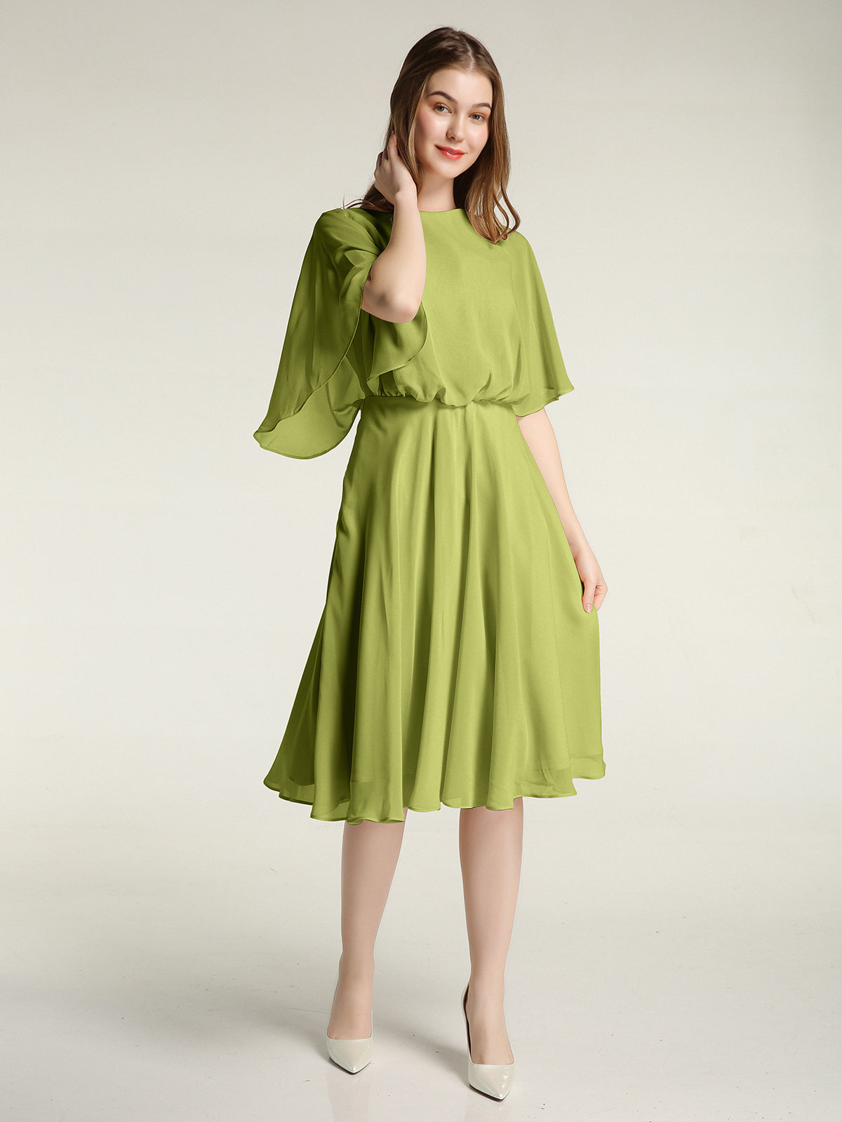 Scoop Flutter Sleeves Chiffon A-line Maxi Dresses with Slit Clover