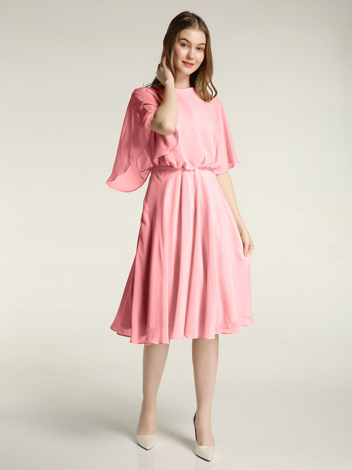 flamingo pink bridesmaid dresses Flamingo Chiffon Queen Anne Neck Long Bridesmaid Dress