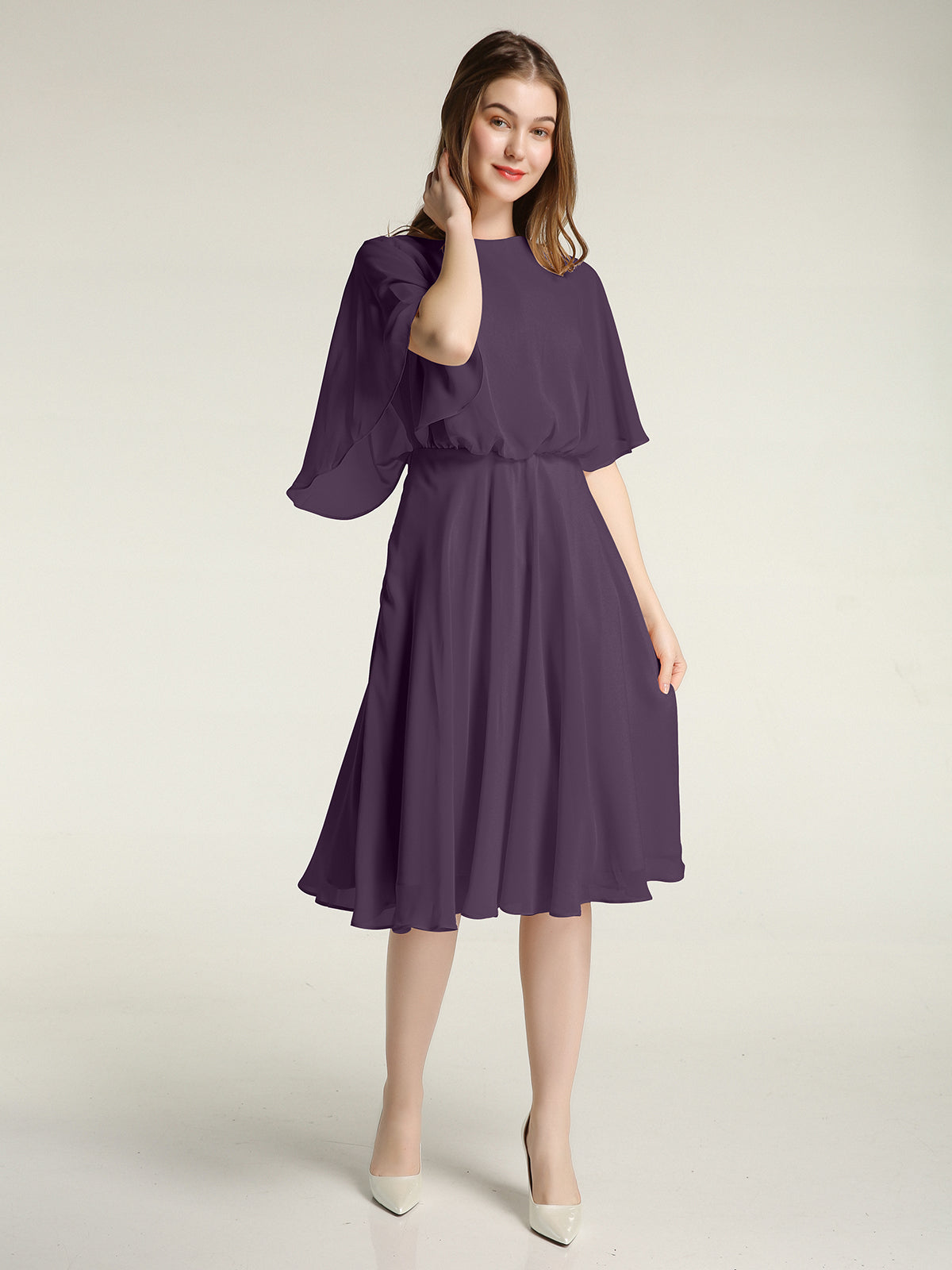 Scoop Flutter Sleeves Chiffon A-line Maxi Dresses with Slit Watermelon