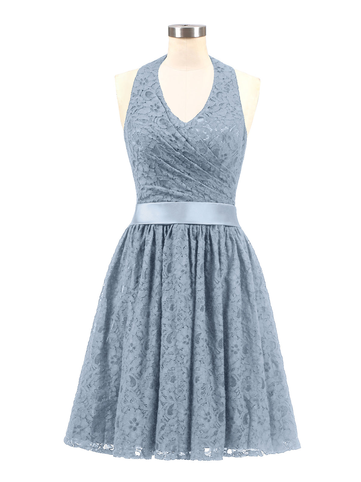 BABARONI Halter V-Neck Lace Dress with Satin Sash-Dusty Blue, Dusty Blue / US0