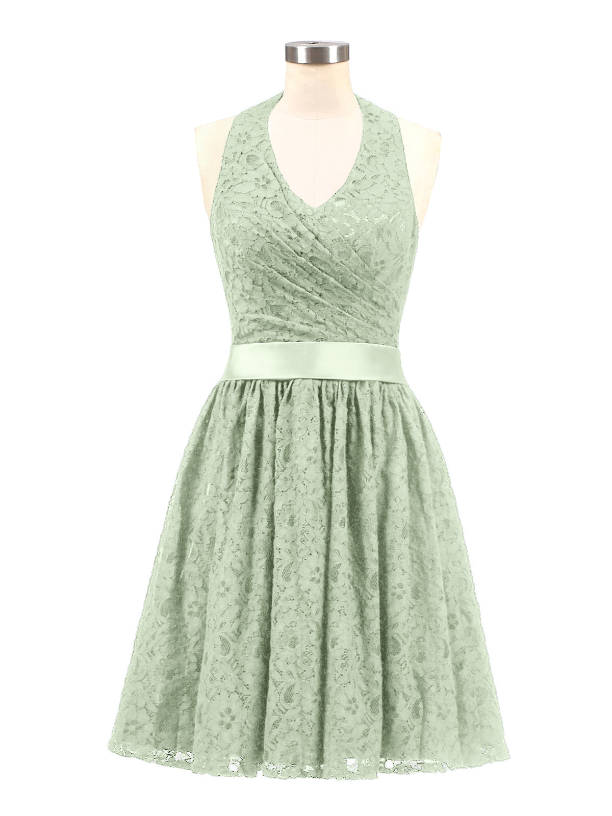 BABARONI Lace Dusty Sage Bridesmaid Dresses Halter Short/Mini Sleeveless Ruched A-line BABARONI Lace Dusty Sage Bridesmaid Dresses Halter Short/Mini Sleeveless Ruched A-line