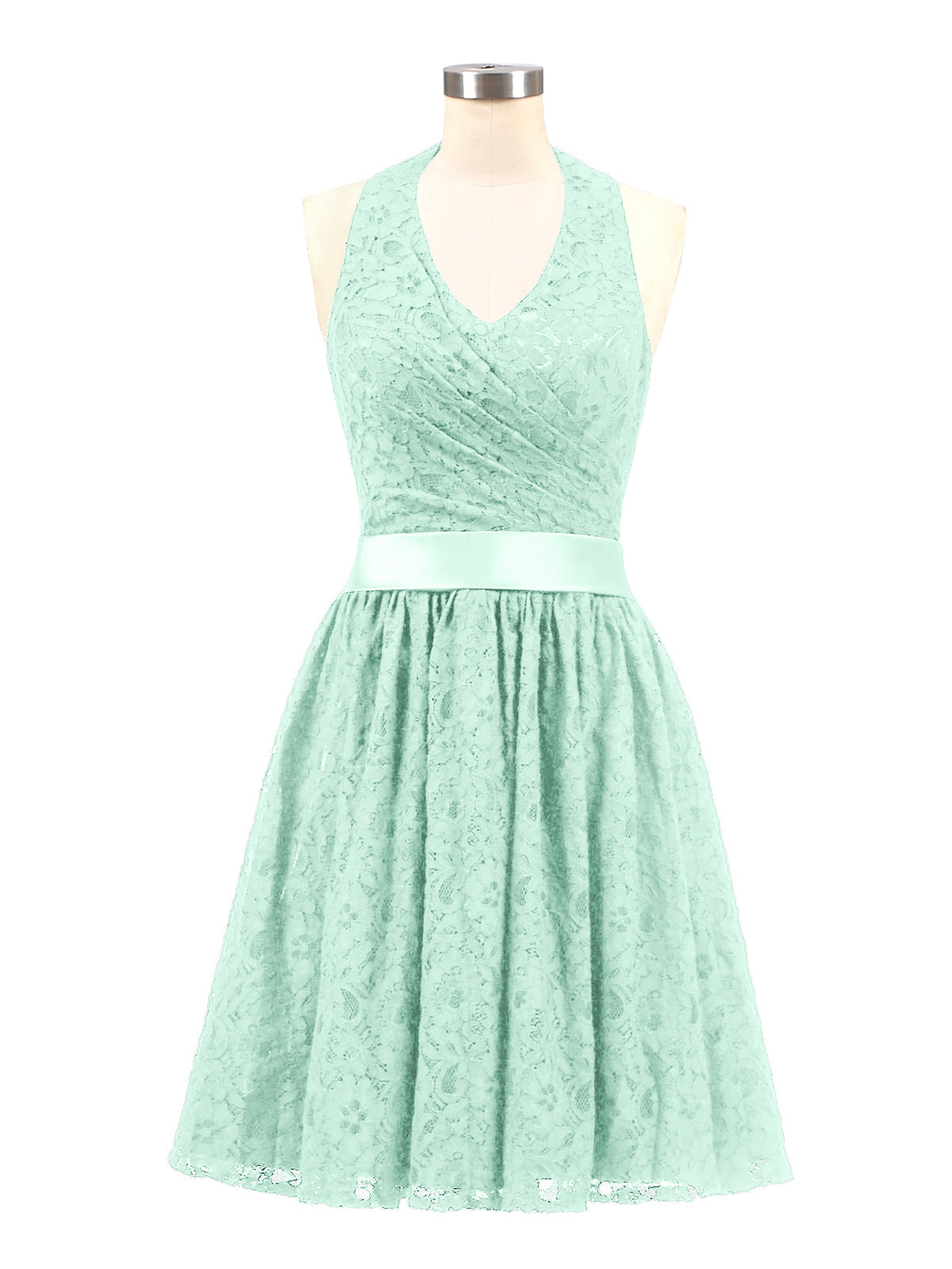 BABARONI Halter V-neck Lace Dress with Satin Sash-Mint Green, Mint Green / US0 BABARONI Halter V-neck Lace Dress with Satin Sash-Mint Green, Mint Green / US0