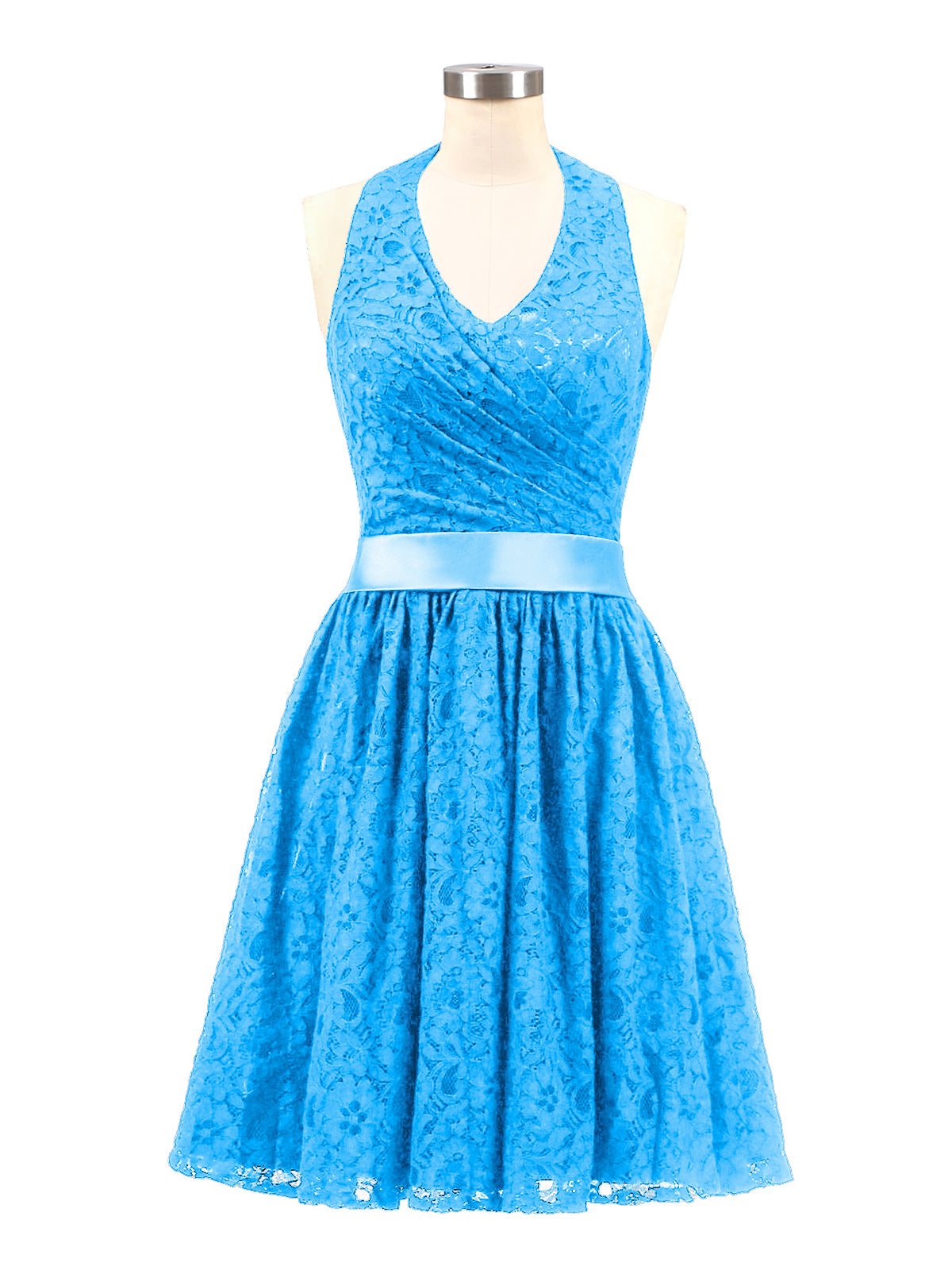 BABARONI Halter V-neck Lace Dress with Satin Sash-Ocean Blue, Ocean Blue / US0