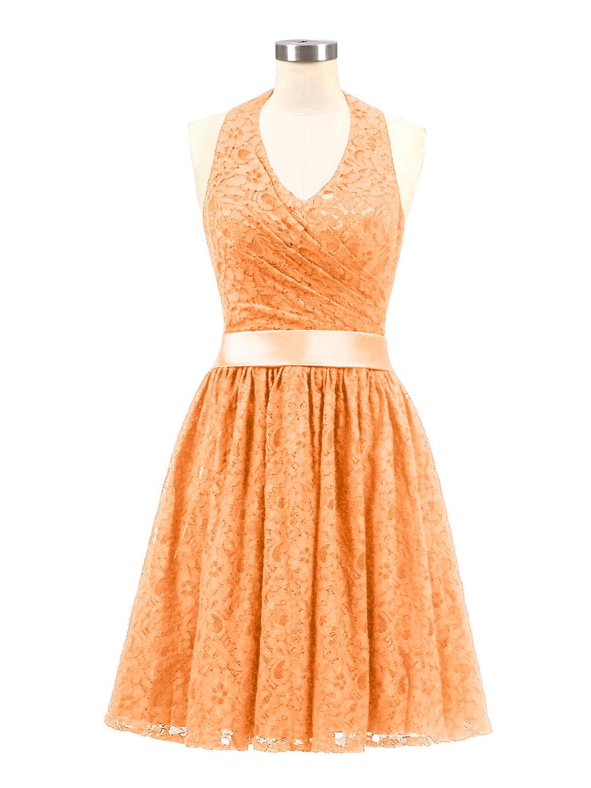 BABARONI Halter V-neck Lace Dress with Satin Sash-Orange, Orange / US0
