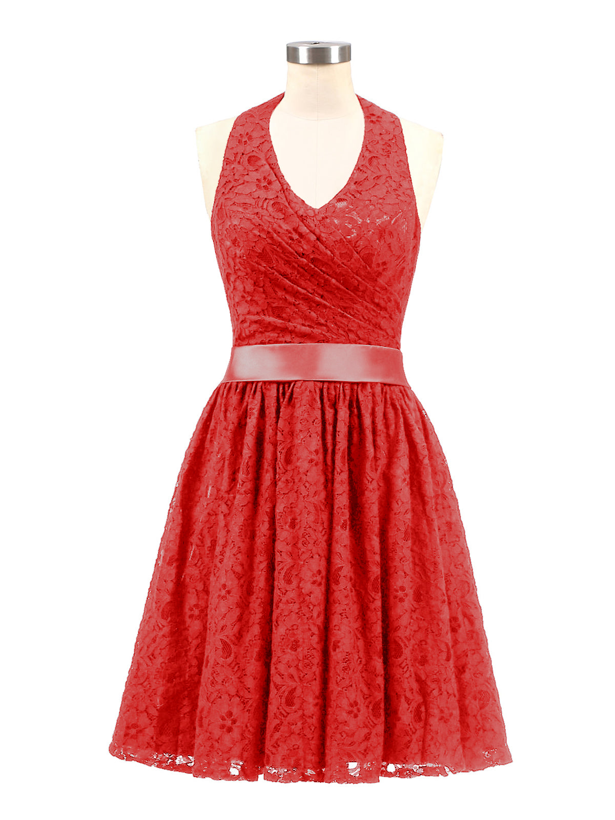 BABARONI Halter V-neck Lace Dress with Satin Sash-Red Plus Size, Red / US18 BABARONI Halter V-neck Lace Dress with Satin Sash-Red Plus Size, Red / US18