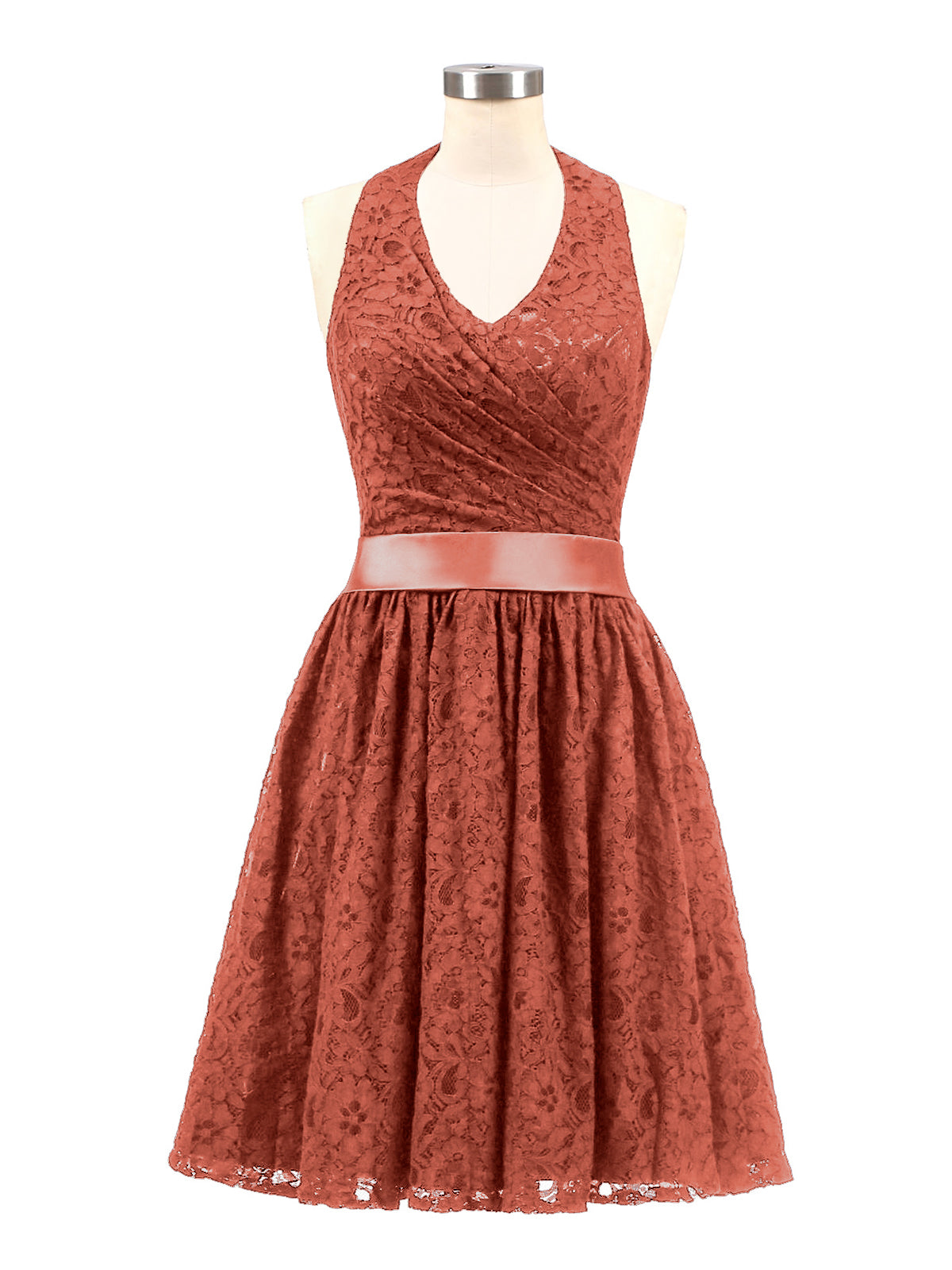 BABARONI Halter V-neck Lace Dress with Satin Sash-Rust, Rust / US0 BABARONI Halter V-neck Lace Dress with Satin Sash-Rust, Rust / US0