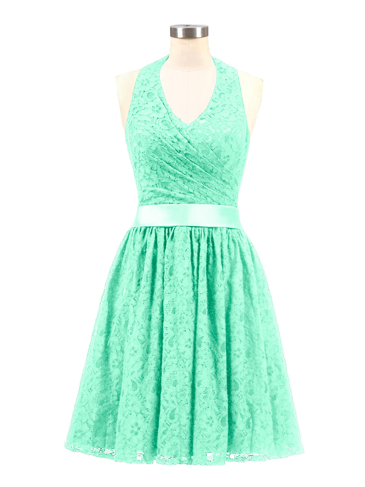 BABARONI Halter V-Neck Lace Dress with Satin Sash-Turquoise Plus size, Turquoise / US18