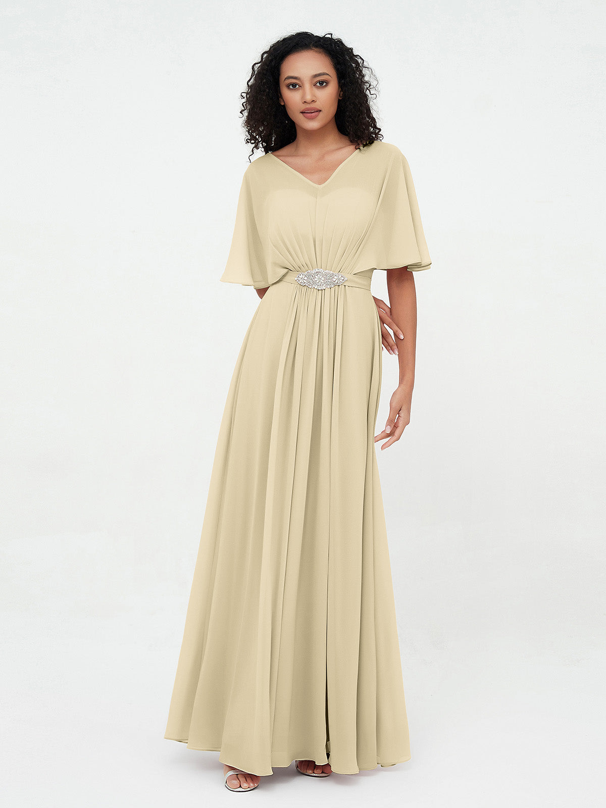 Illusion Neck Chiffon Dresses with Cap Sleeves Taupe Plus Size