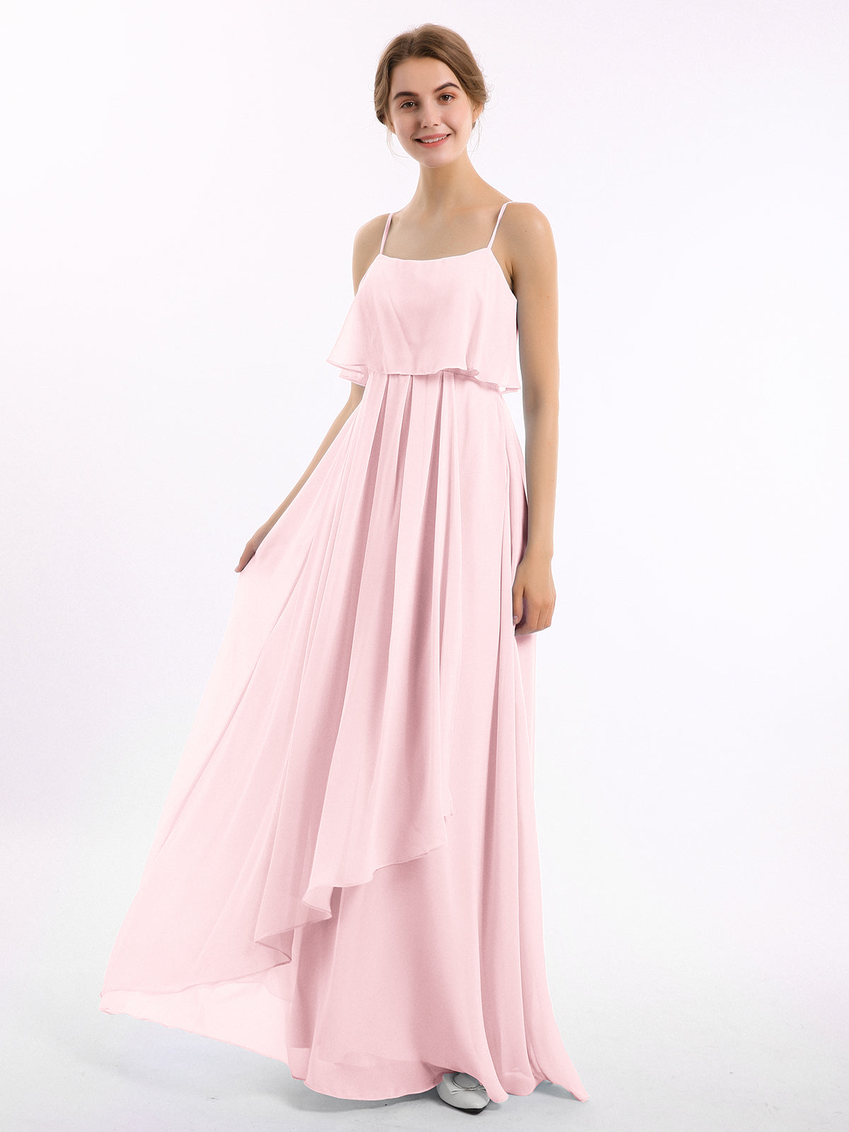 BABARONI Chiffon Blushing Pink Bridesmaid Dresses Square Floor-length